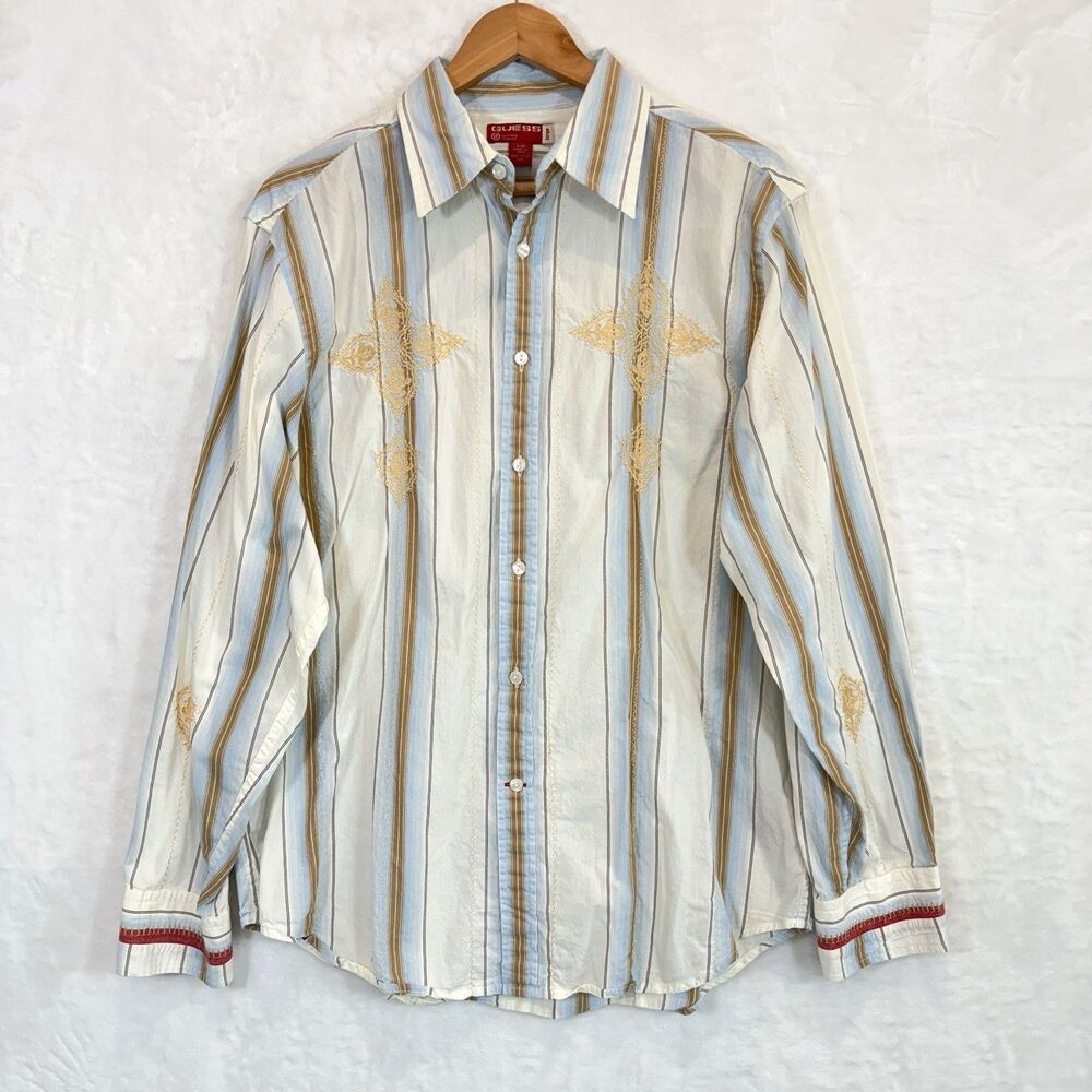 VTG Guess Shirt Y2K Blue White Striped Cotton Embroidered Long Sleeve L